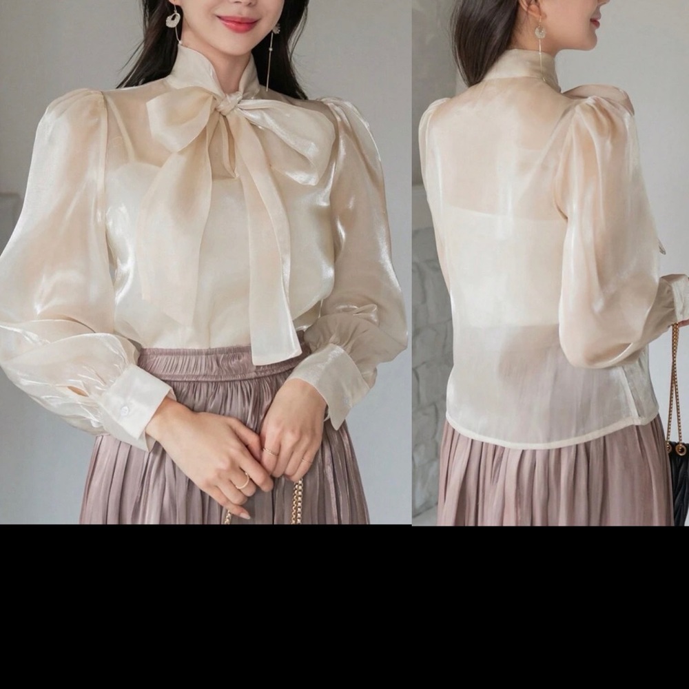Bow tie cream organza mesh semi sheer see through puff sleeve flowy blouse